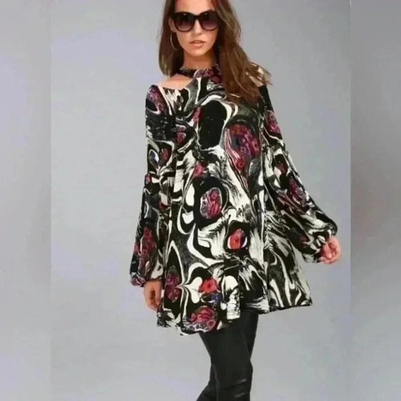 Free People Womens Drift Away Black Print Cold Shoulder Tunic Dress/ Top S - Picture 3 of 15